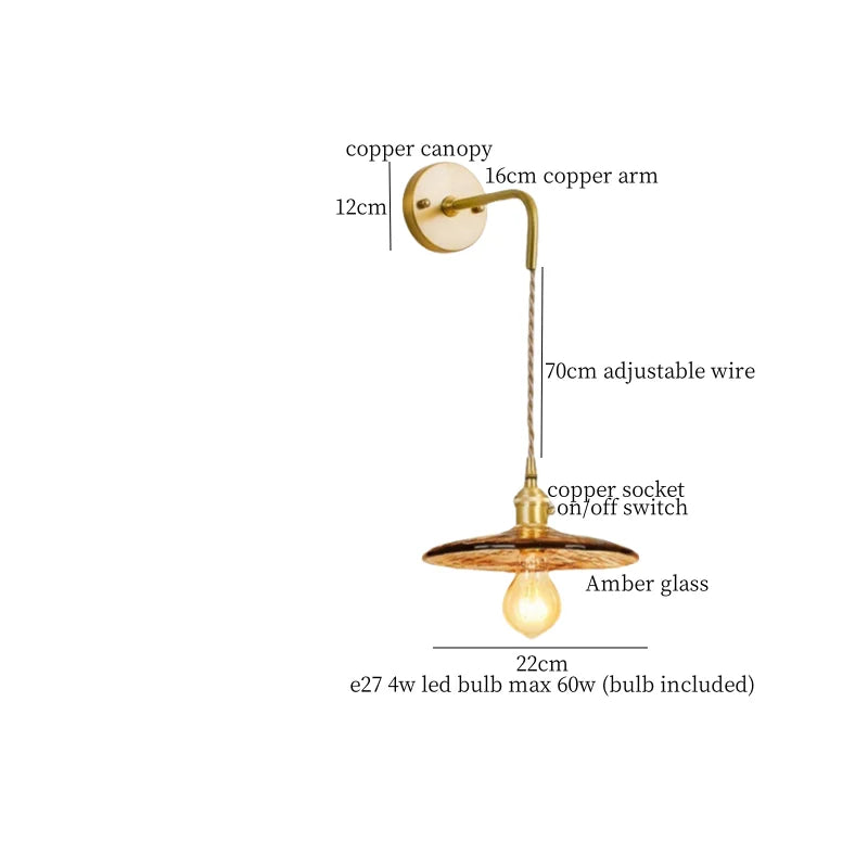 Afralia™ Glass LED Wall Sconce Bedroom Loft Bathroom Stair Light Pull Chain Copper