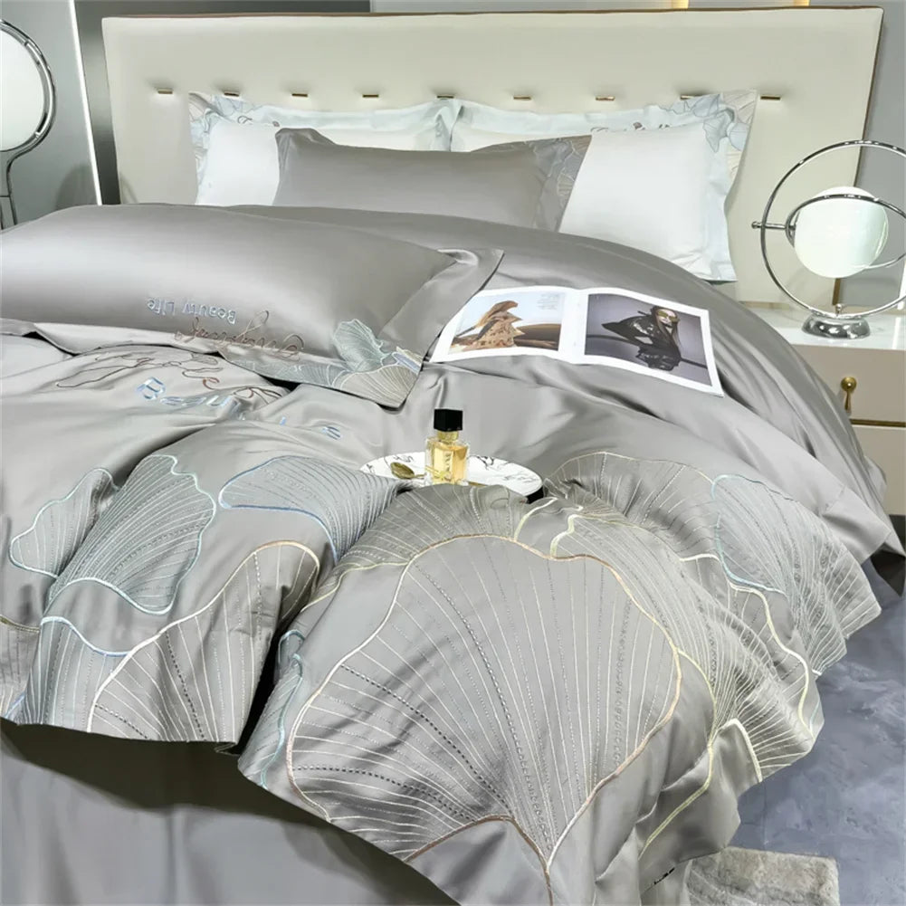 Afralia™ 1200TC Embroidery Egyptian Cotton Bedding Set 4pcs King Queen Solid Sheet Duvet Cover