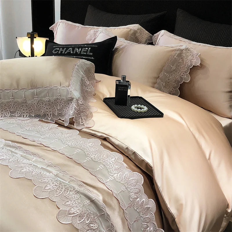 Afralia™ Lace Patchwork Silk Cotton Luxury Bedding Set Queen King Size