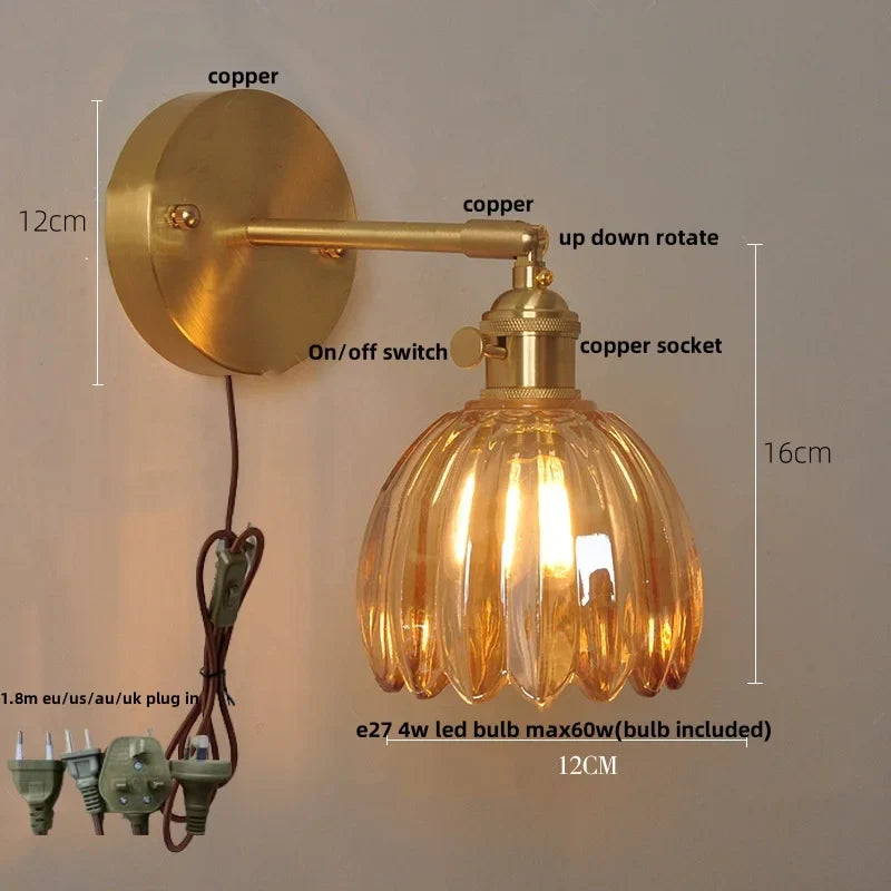Afralia™ Loft Amber Glass LED Wall Light Fixture with Vintage Knob Switch