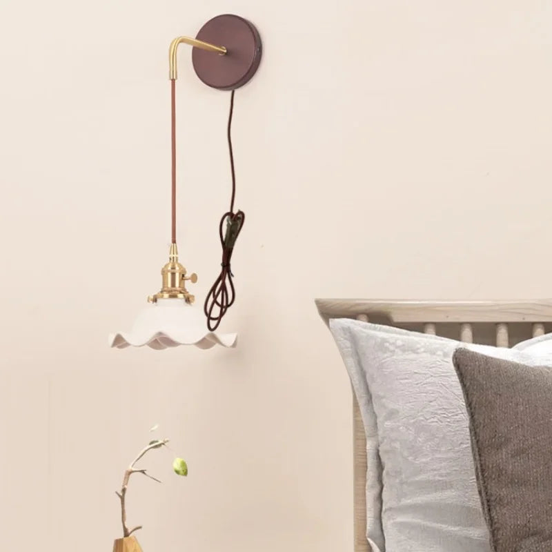 Afralia™ Nordic Ceramic Wood Wall Sconce LED Lamp Adjustable Modern Bedroom Light