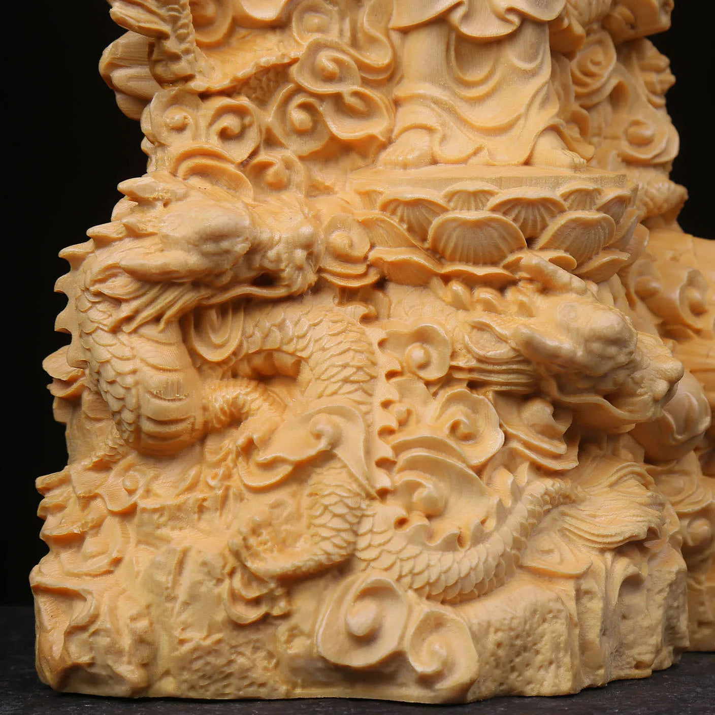 Afralia™ Wooden Carved Nine Dragons Guanyin Puxian Bodhisattva Home Decor Ornament