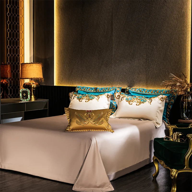 Afralia™ Embroidered Gold Blue Brocade Cotton Bedding Set with Duvet Cover, Sheets, Pillowcases