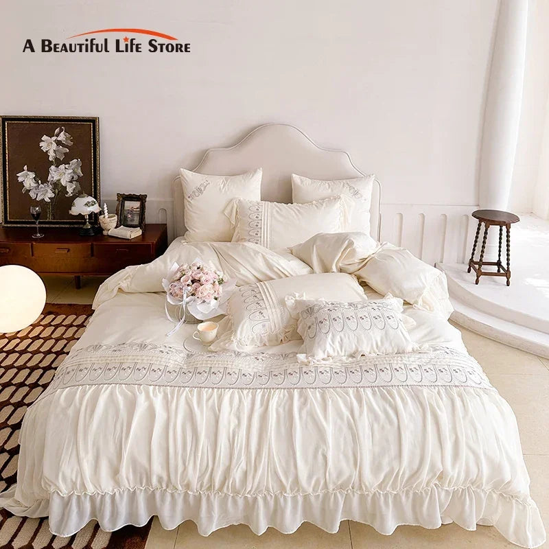 Afralia™ Flowers Embroidery Princess Wedding Lace Bedding Set 1200TC Cotton Duvet Cover Flat Sheet Pillowcases
