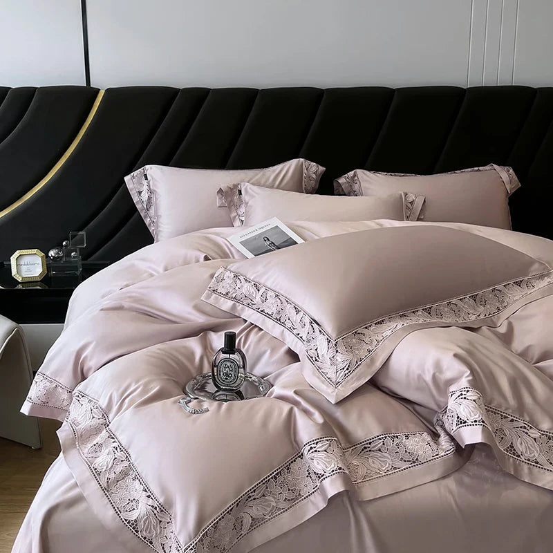 Afralia™ Luxe 1500TC Egyptian Cotton Lace Wide Edge Bedding Set: Duvet Cover, Sheet, Pillowcases