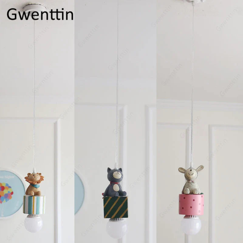 Afralia™ Kids Animal Pendant Lamp: Rabbit Lion Cat LED Ceiling Light Fixture