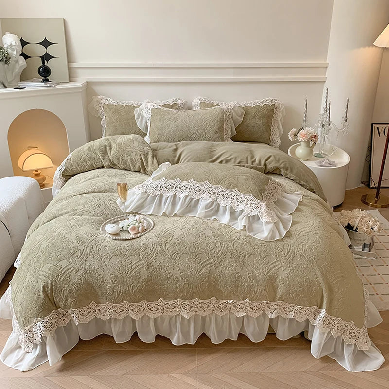Afralia™ Luxe Velvet Lace Ruffle Duvet Set with Plush Pillowcases, Winter Bedding Collection