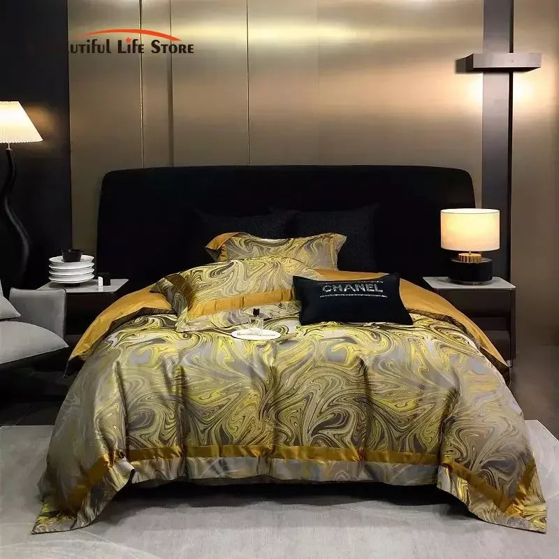Afralia™ Brocade Satin Jacquard Luxury Cotton Bedding Set - Duvet Cover, Sheet, Pillowcases