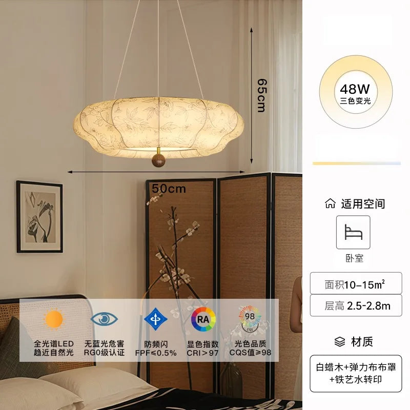 Afralia™ Retro Solid Wood Fabric Hanging Lamp LED E27 Medieval Romantic Bedroom Decor