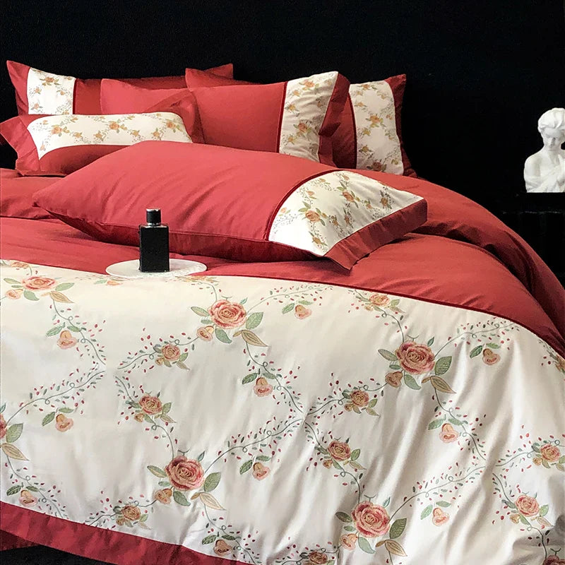 Afralia™ Luxury Rose Flowers Embroidery Bedding Set in Red