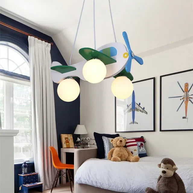 Afralia™ Kids Wood Airplane Chandelier LED Nursery Aircraft Suspension Lights