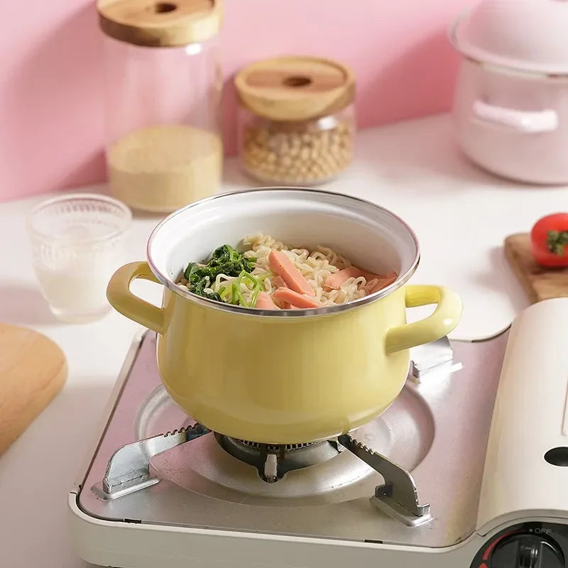 Afralia™ Enamel Stock Pot with Lid, 1.5L Multi-Purpose Cooking Pot for Kitchen Soups and Porridge