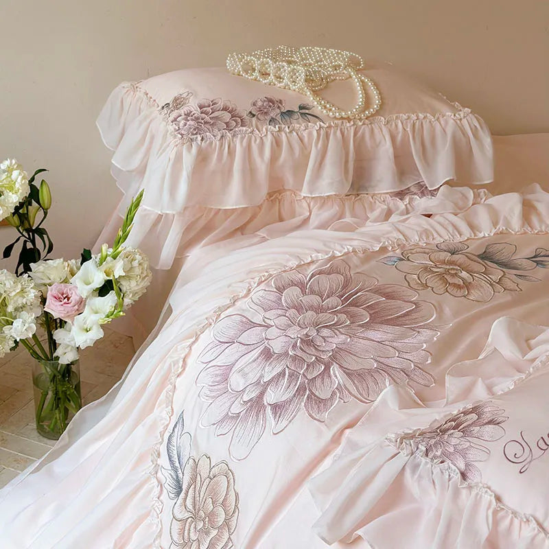 Afralia™ Pink Flowers Lace Ruffles Princess Bedding Set, 1200TC Egyptian Cotton Duvet Cover