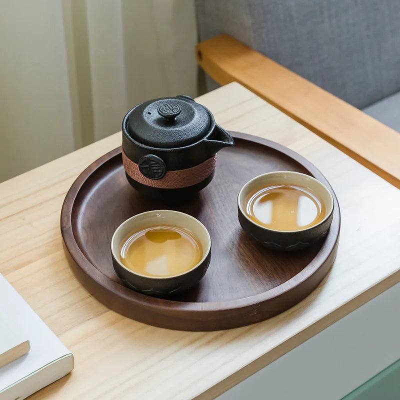 Afralia™ Black Pottery Tea Set: Pot & 2 Cups in Portable Bag