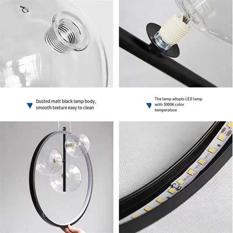 Afralia™ Metal Ring Glass Pendant Light for Dining Room Bedroom Interior