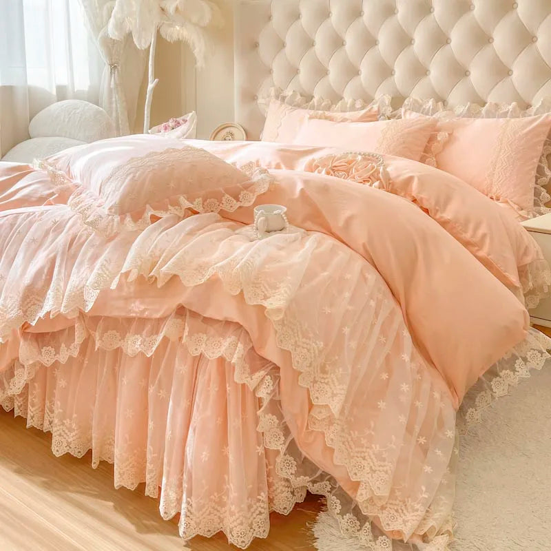 Afralia™ Pink Princess Style Bedding Set: Duvet, Bedskirt, Bedspread, Pillowcases