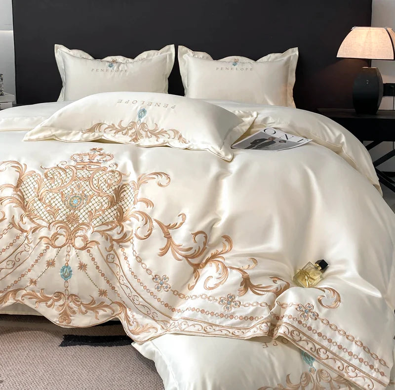 Afralia™ White Gold Embroidery Satin Cotton Bedding Set with Pillowcases & Flat Sheet
