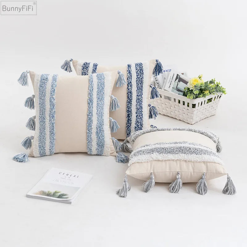 Afralia™ Blue Grey Stripe Tufted Cushion Cover 45x45cm/30x50cm for Home Decoration