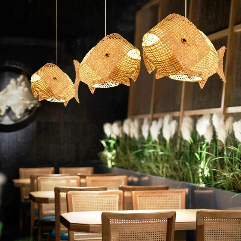 Afralia™ Nordic Bamboo Fish Art Pendant Light Fixture for Modern Kitchen Decor