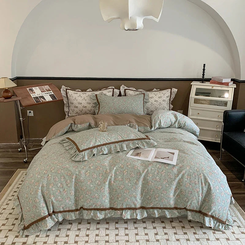 Afralia™ French Floral Bedding Set, 100% Cotton, Ruffles, Duvet Cover, Bed Sheet, Pillowcases