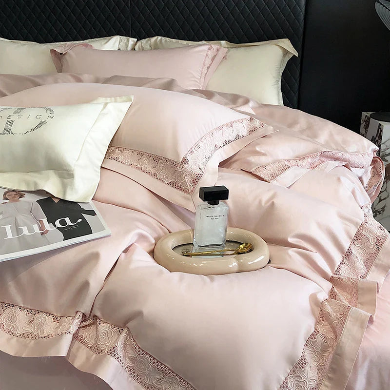 Afralia™ Luxury Lace Embroidery 1000TC Egyptian Cotton Bedding Set with Duvet Cover, Sheets, Pillowcases