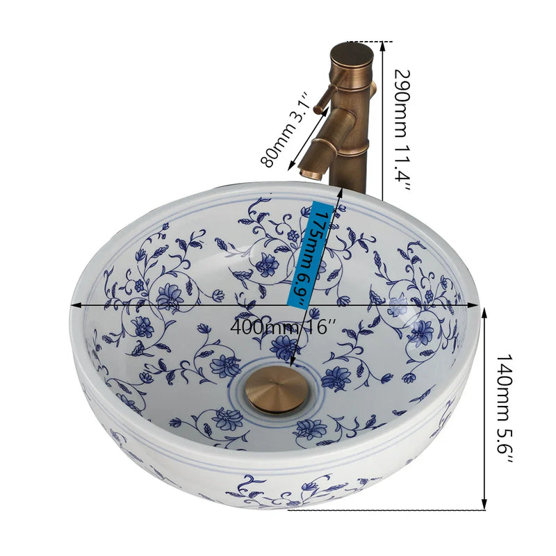 Afralia™ Blue & White Porcelain Basin Set with Bamboo Faucet and Pop Drain.