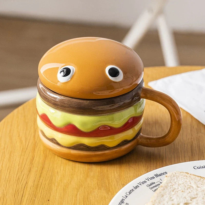 Afralia™ Ceramic Hamburger Coffee Cup with Lid, Cute Cartoon Children's Mug