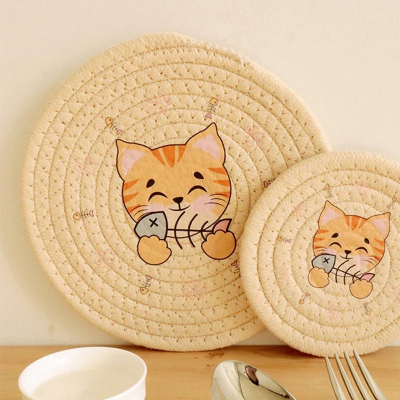 Afralia™ Cat Print Round Woven Coaster Cup Mat Table Heat Insulation Pad