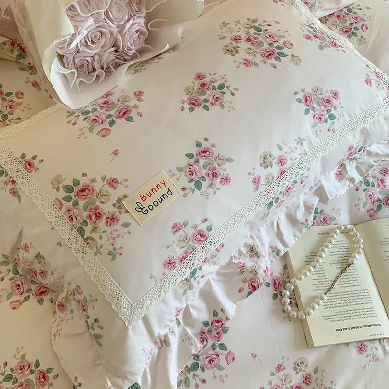 Afralia™ Princess Pastoral Cotton Bedding Set with Lace Ruffles & Floral Design