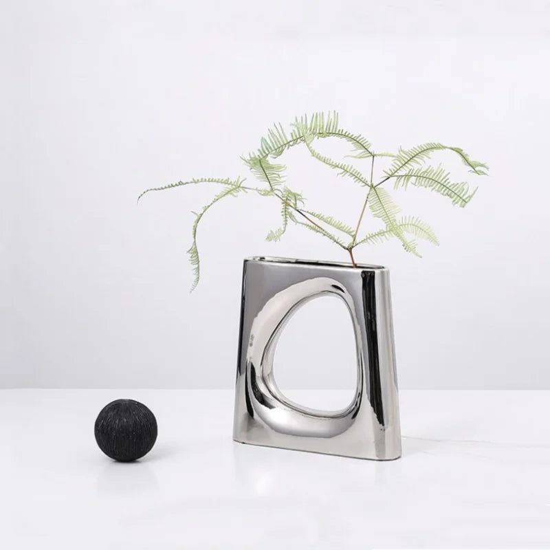 Afralia™ Silver Geometric Ceramic Vase for Home Decor and Floral Arrangements