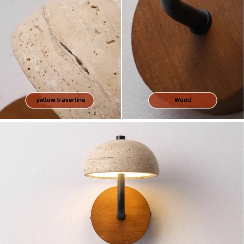 Afralia™ Vintage LED Wall Sconce Lamp Yellow Travertine Pull Chain Switch Wood Mirror Light