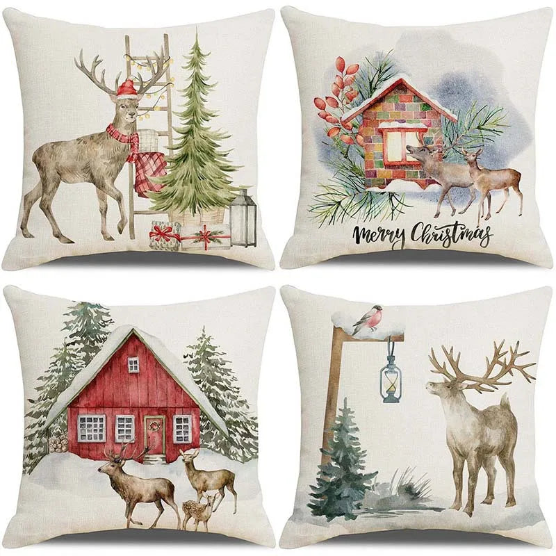 Afralia™ Holiday Elk Landscape Linen Pillow Cover for Festive Home Decor
