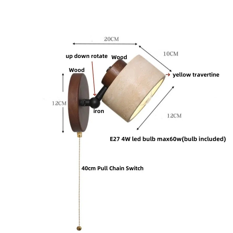 Afralia™ Yellow Travertine Stone Natural Wood LED Wall Light Bedside Lamp