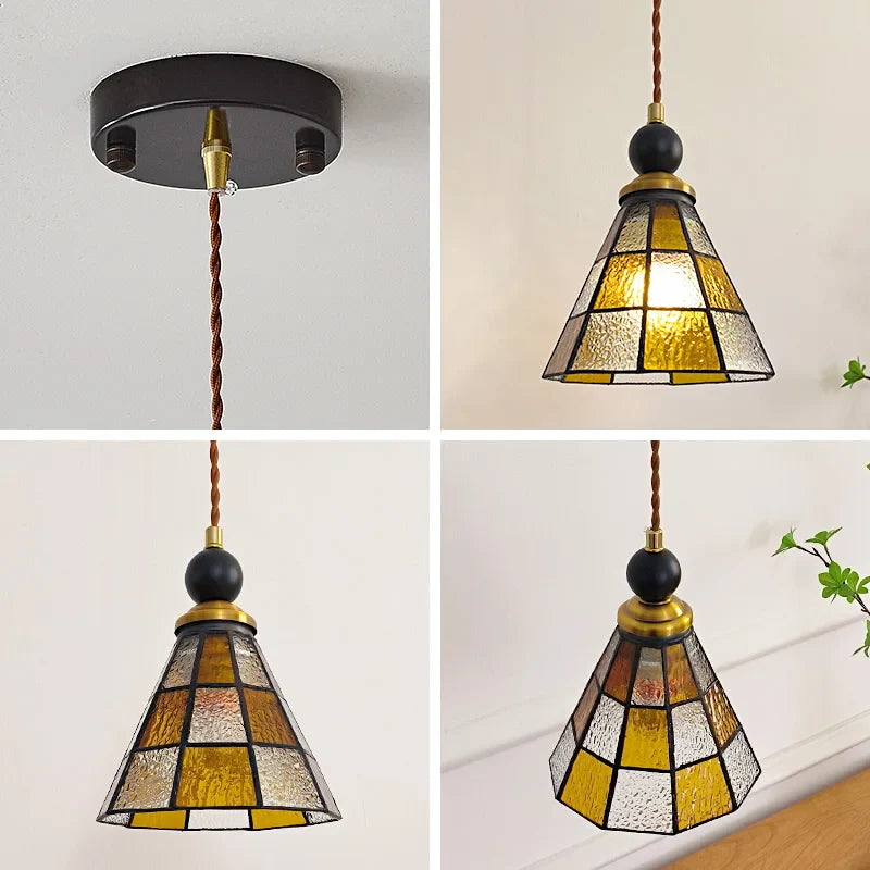 Afralia™ Tiffany Glass Wood LED Pendant Lamp Modern Nordic Hanging Light Fixutre