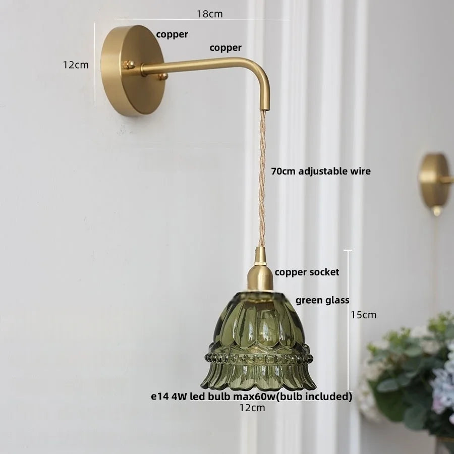 Afralia™ Amber Glass LED Wall Light Pull Chain Switch Modern Flower Sconce