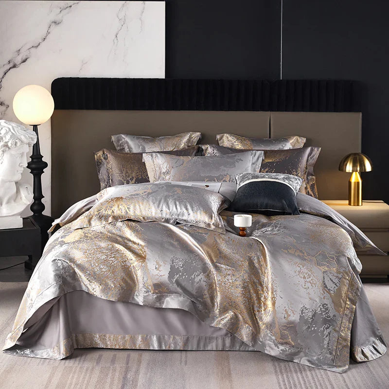 Afralia™ Silver Gray Satin Jacquard 1000TC Egyptian Cotton Bedding Set, Queen King Size
