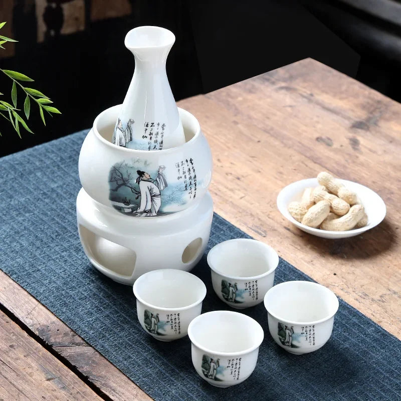 Afralia™ Sake Set: 7-Piece Ceramic Wine Kit with Carafe, Cups, Warmer, and Candle Warmer