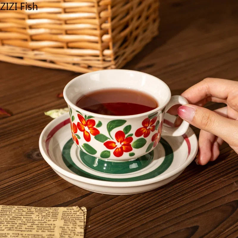 Afralia™ Ink Flowers Ceramic Cup & Saucer Set - Gold-plated Coffee Mug for Dining Table