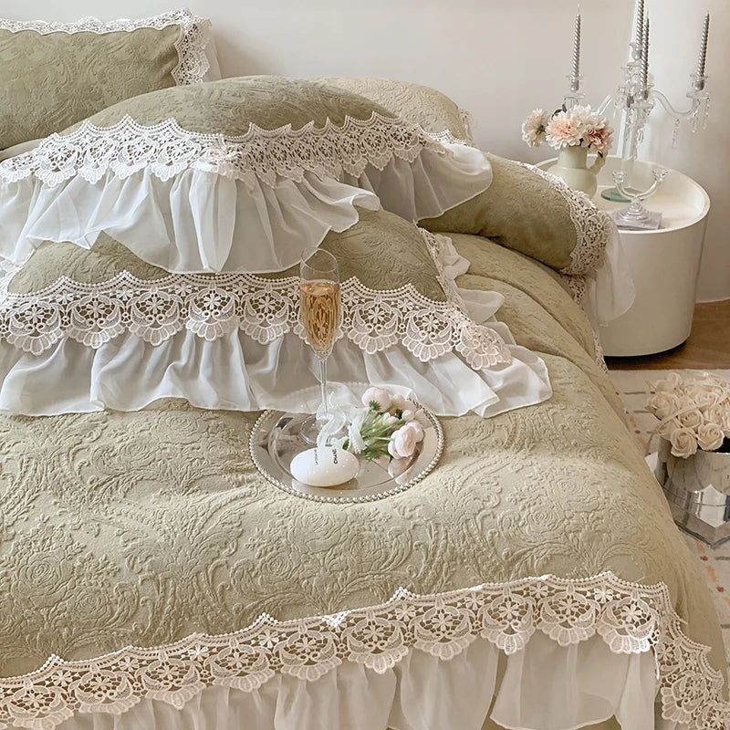 Afralia™ Luxe Velvet Lace Ruffle Duvet Set with Plush Pillowcases, Winter Bedding Collection