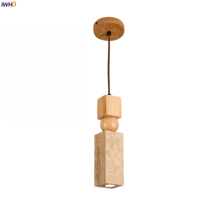 Afralia™ Cuboid Stone LED Pendant Lights Wood Yellow Travertine Interior Lighting Hanging Lamp