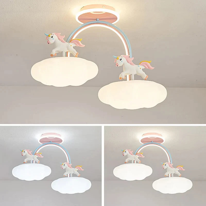 Afralia™ Unicorn Cloud Princess Room Ceiling Light with Remote Control, Pink Chandelier