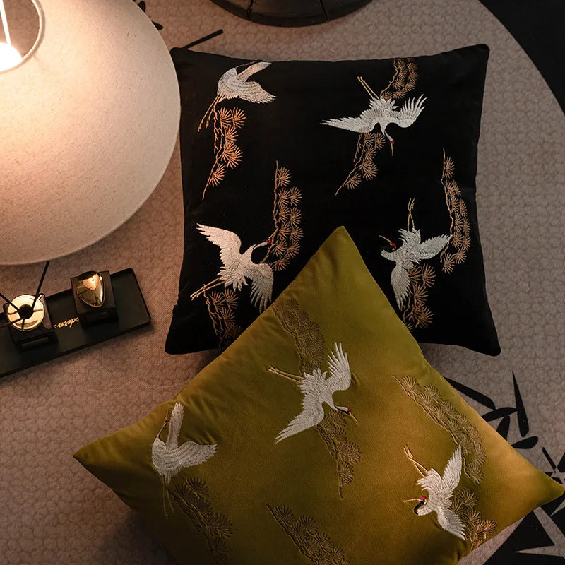 Afralia™ Pine Crane Embroidered Pillowcase for Stylish Home Decor