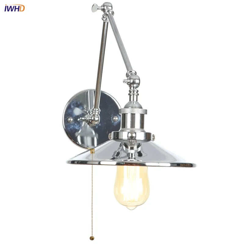 Afralia™ Industrial Lens Vintage Loft LED Wall Lamp with Swing Arms & Pull Chain Switch