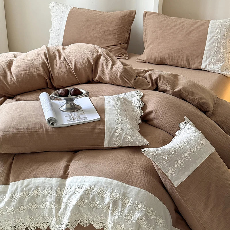 Afralia™ French Lace Cotton Bedding Set: Duvet, Sheet, Pillowcases, 4Pc
