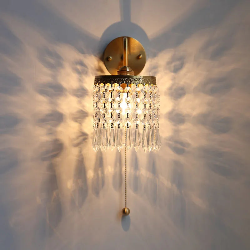 Afralia™ Crystal LED Wall Sconce Pull Chain Switch Brass Mirror Light