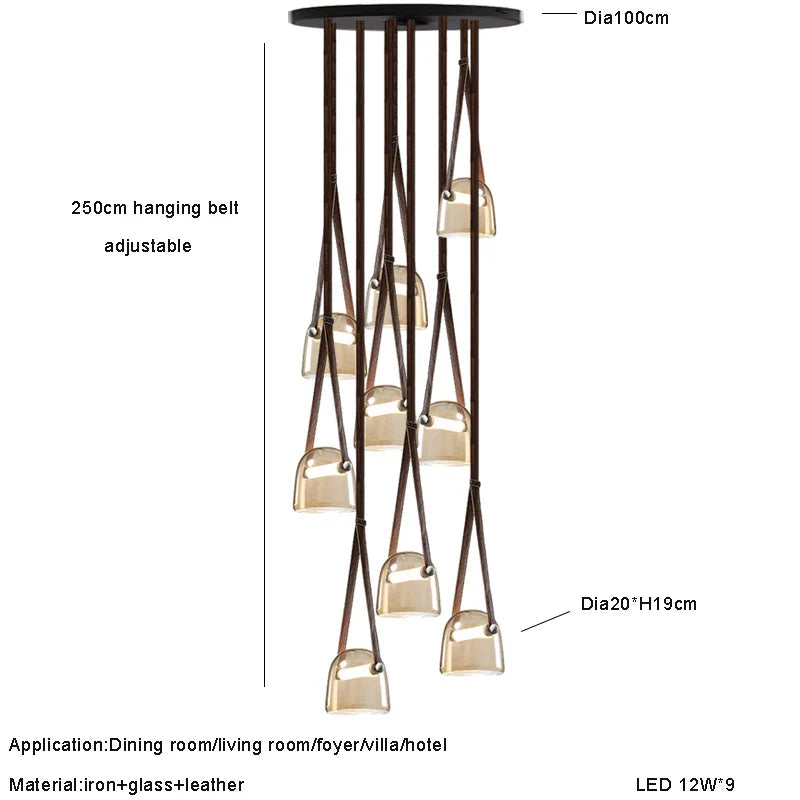 Afralia™ Glass Lustre LED Chandelier with Leather Strips Ceiling Lamp