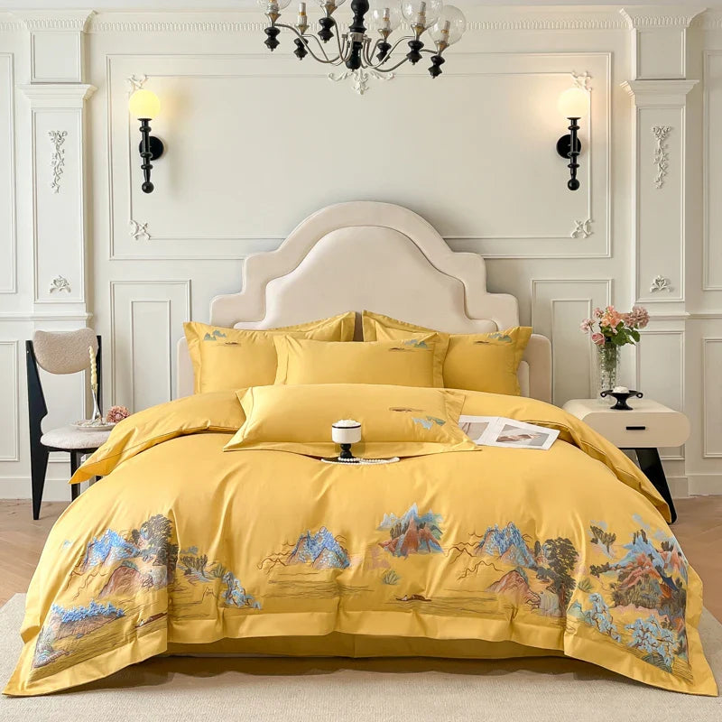Afralia™ Mountain River Landscape Embroidery Bedding Set - Duvet Cover, Bed Sheet, Pillowcases