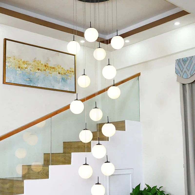 Afralia™ Cream Glass Ball Chandelier for Duplex Villa Penthouse, Restaurant and Staircase