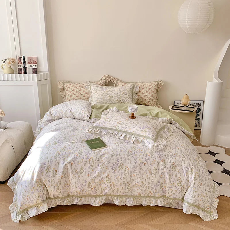 Afralia™ French Floral Bedding Set, 100% Cotton, Ruffles, Duvet Cover, Bed Sheet, Pillowcases