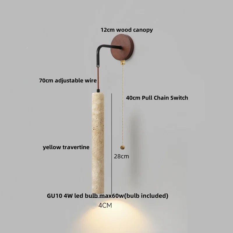 Afralia™ Wood LED Wall Lamp Yellow Travertine Pull Chain Switch Modern Nordic Style
